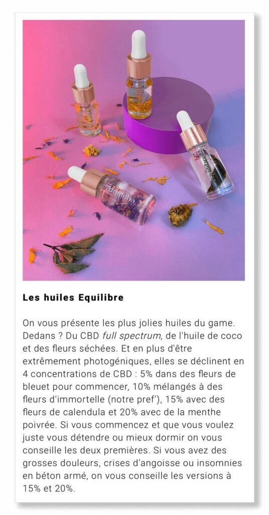 my little Paris : Les 4 huiles de cbd Equilibre sur fond rose et plantes